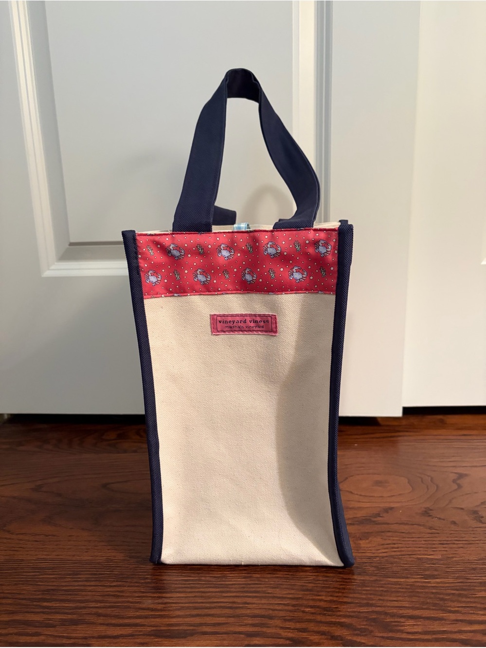Vineyard Vines Canvas Wine Tote - Navy, Cream & Pink Accent